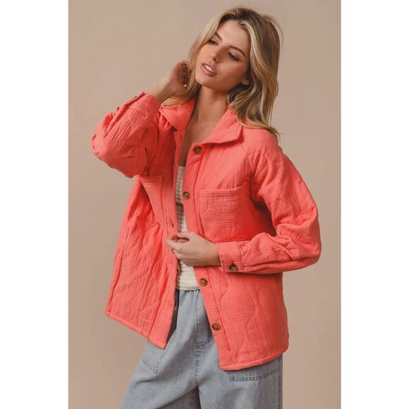 BiBi Quilted Wrinkle Gauze Long Sleeves Chest Pockets Oversized Shacket | Coral - Picture 2 of 5